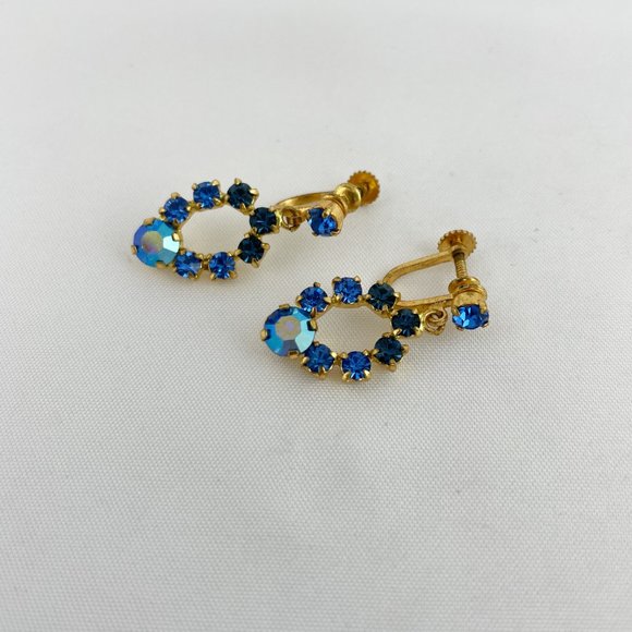 Blue Rhinestone Gold Tone Dangle Screw Back Earrings - Picture 2 of 6